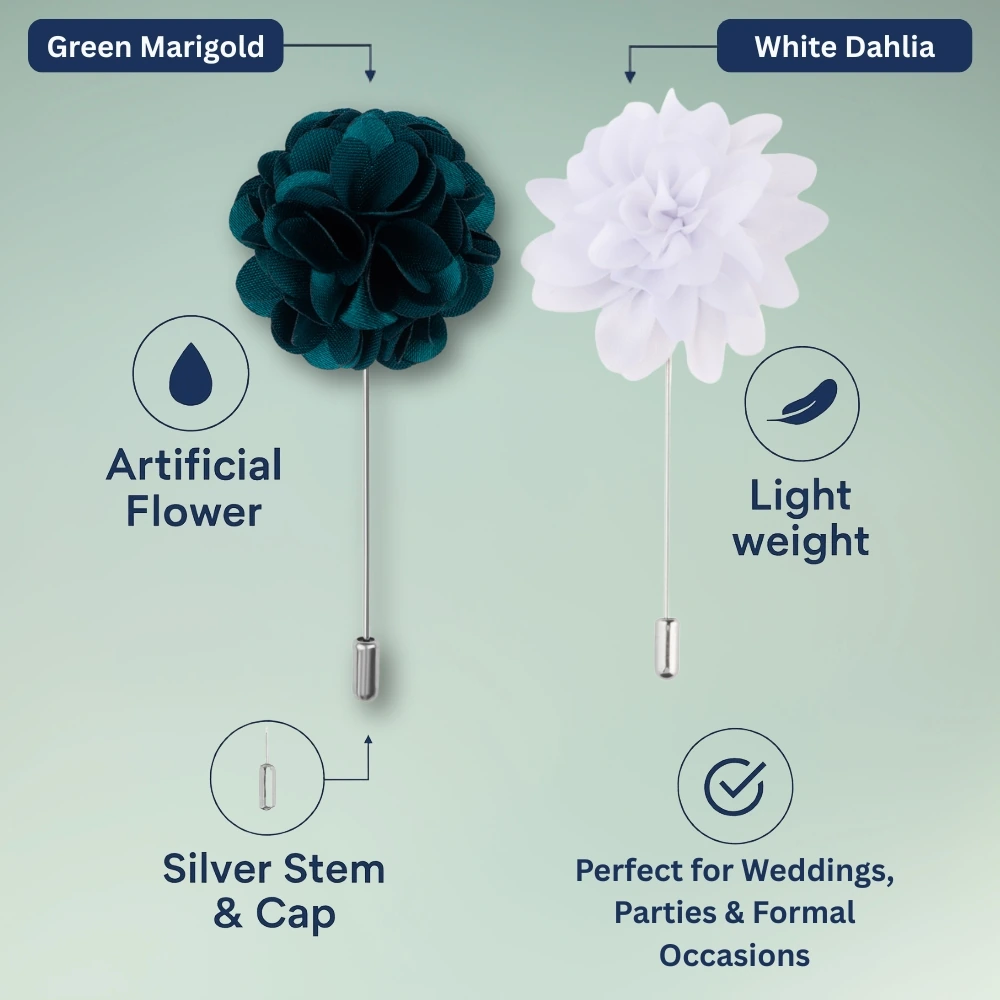 Green Marigold and White Dahlia Flower Lapel Pin Combo for Men