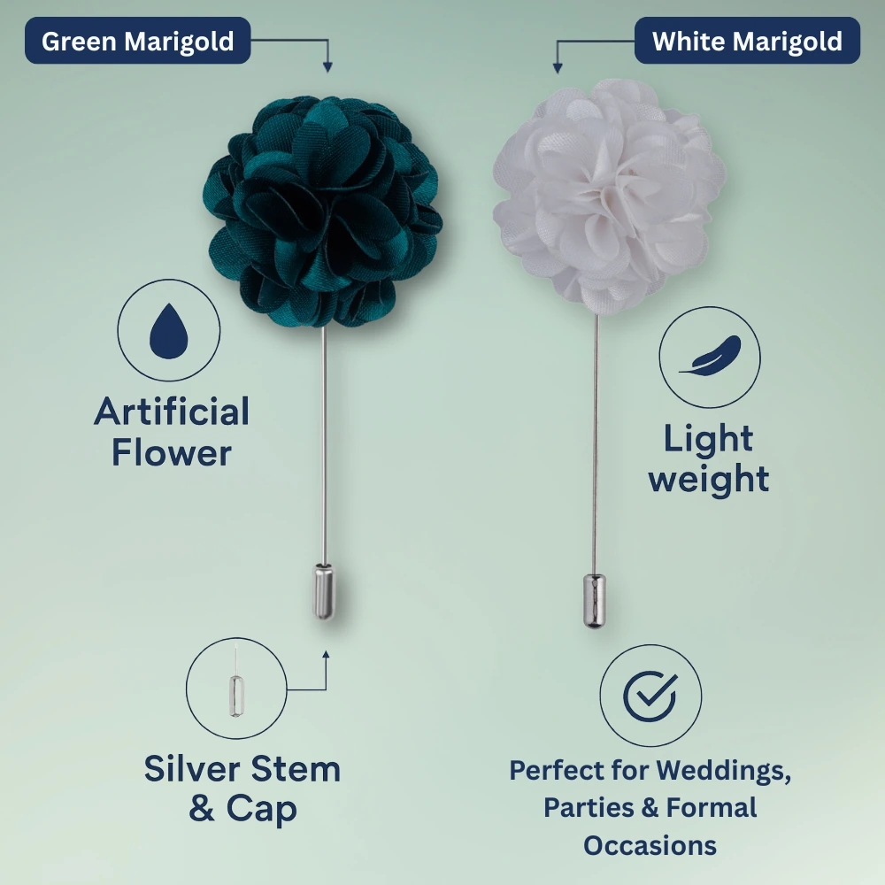 Green Marigold and White Marigold Flower Lapel Pin Combo for Men