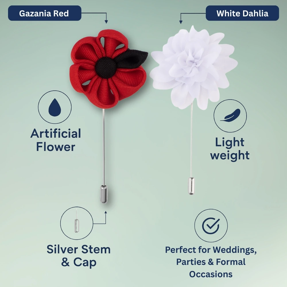 Gazania Red and White Dahlia Flower Lapel Pin Combo for Men