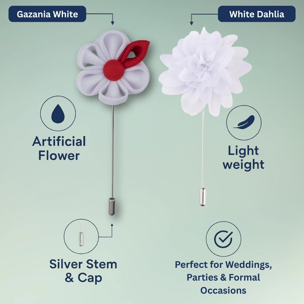 Gazania White and Dahilia White Flower Lapel Pin Combo for Men
