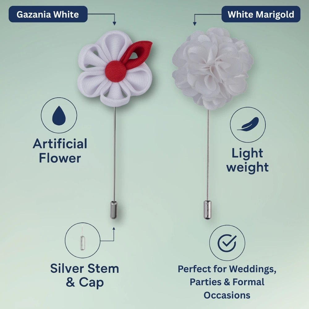 Gazania White and Marigold White Flower Lapel Pin Combo for Men