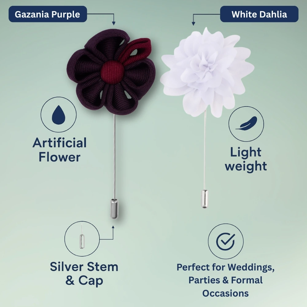 Gazania Purple and White Dahlia Flower Lapel Pin Combo for Men