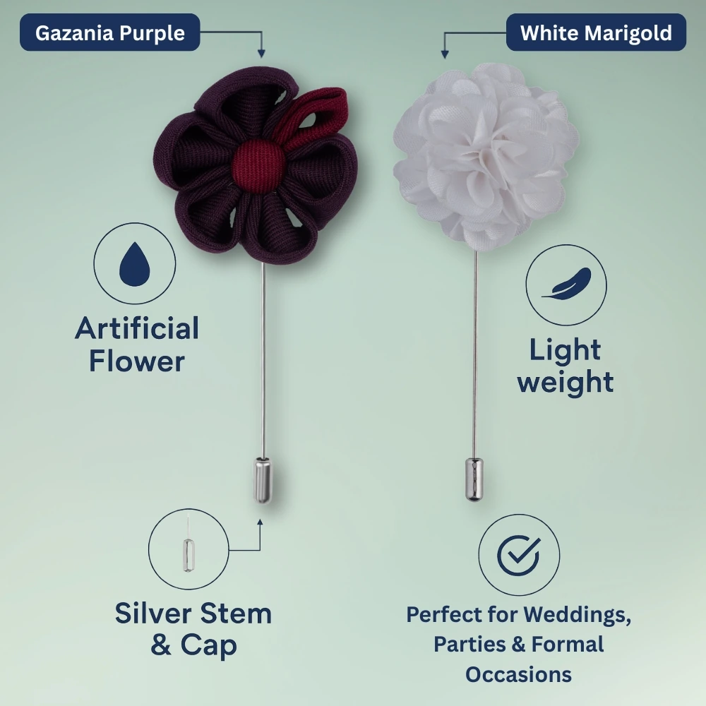 Gazania Purple and White Marigold Flower Lapel Pin Combo for Men