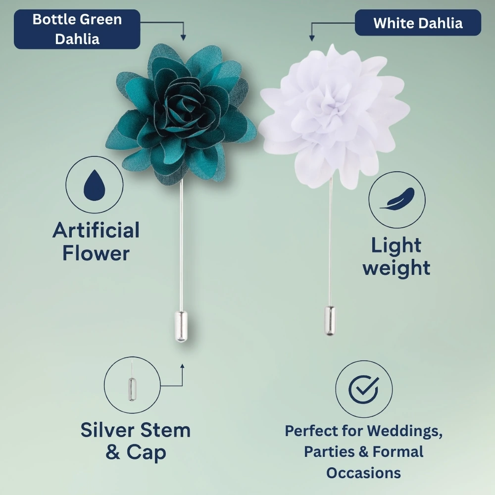 Bottle Green and White Dahlia Flower Lapel Pin Combo for Men