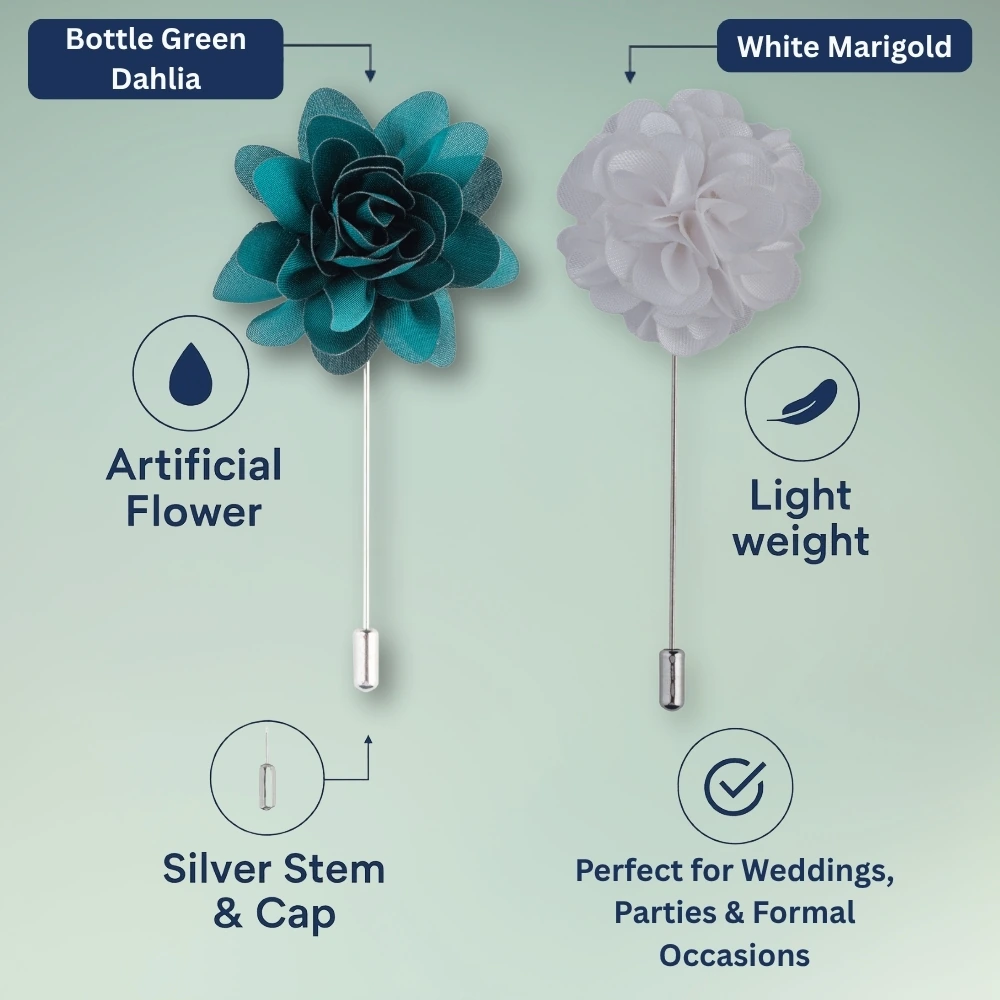 Bottle Green and White Marigold Flower Lapel Pin Combo for Men
