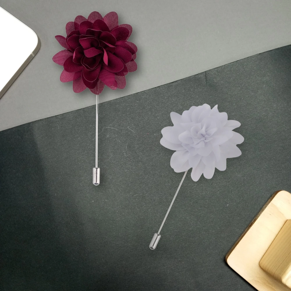 Burgundy and White Dahlia Flower Lapel Pin Combo for Men