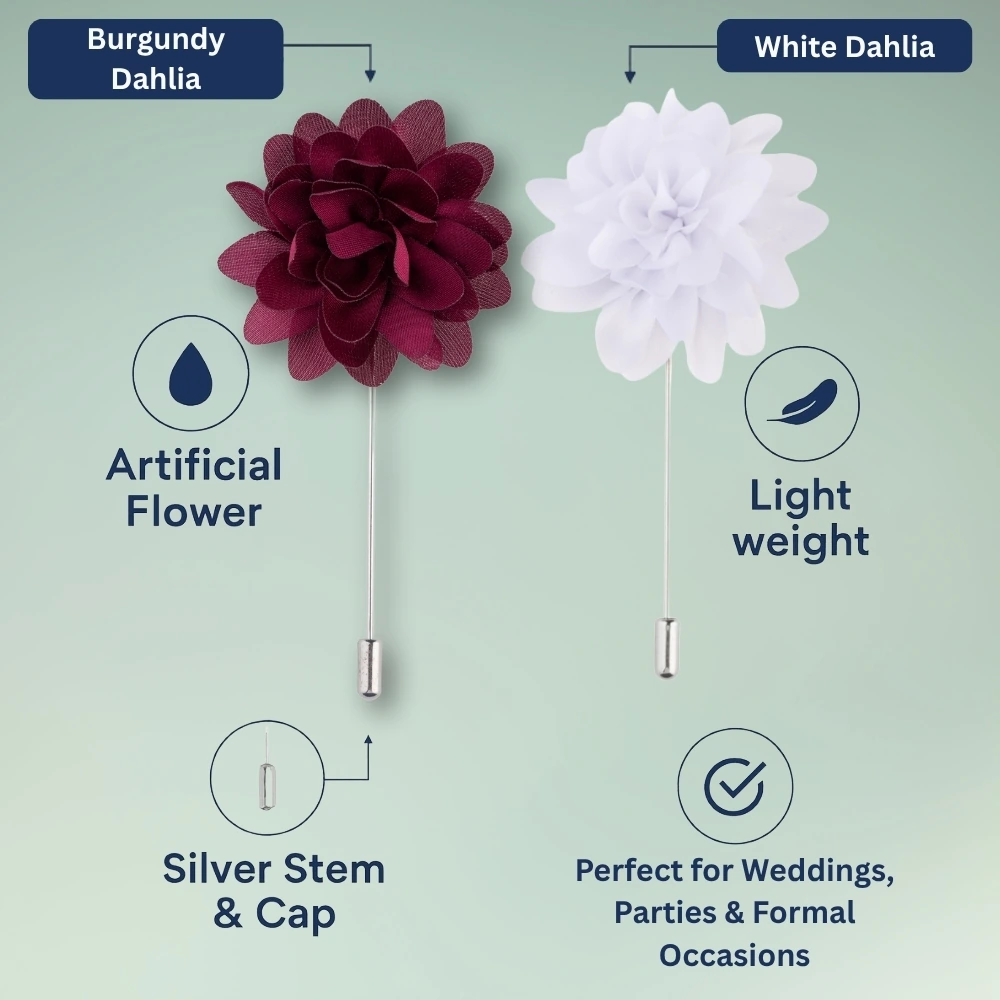 Burgundy and White Dahlia Flower Lapel Pin Combo for Men