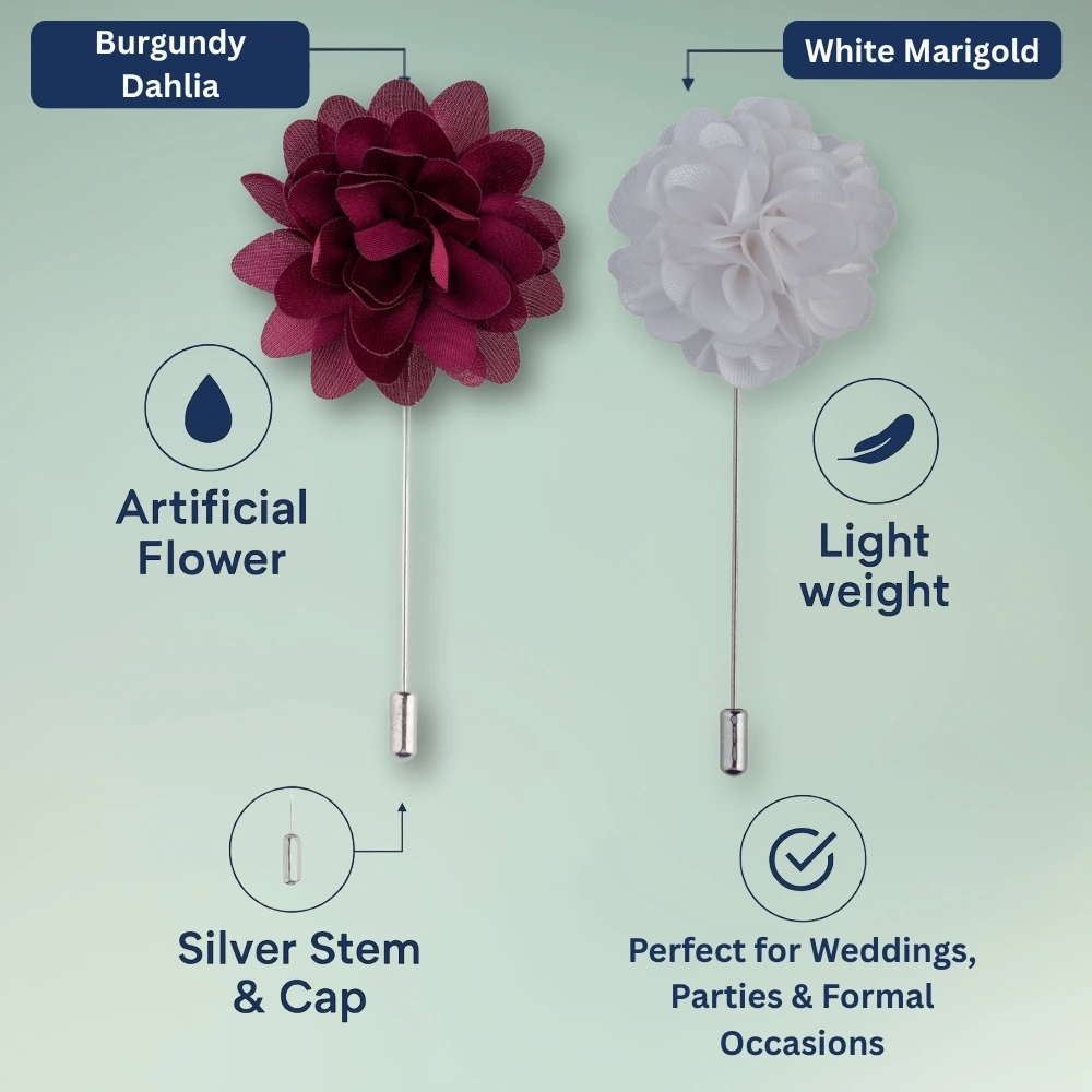 Burgundy and White Marigold Flower Lapel Pin Combo for Men