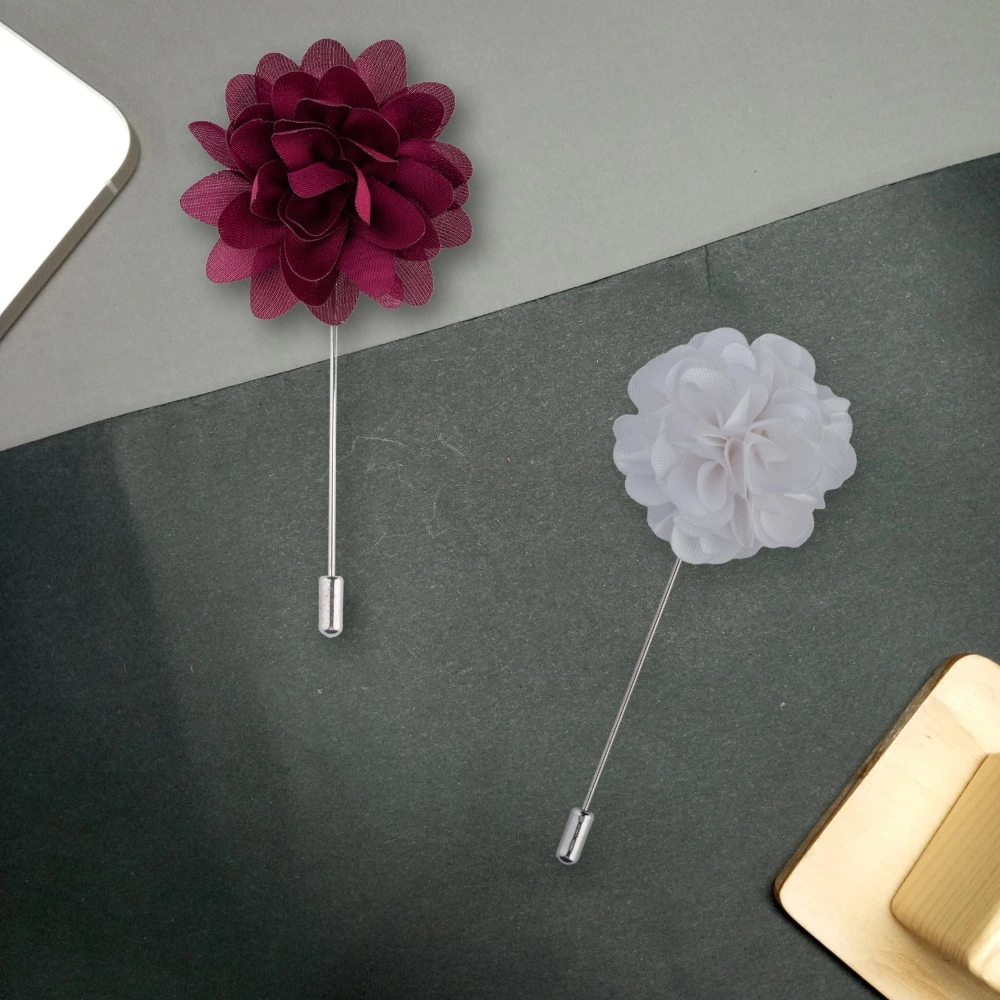 Burgundy and White Marigold Flower Lapel Pin Combo for Men