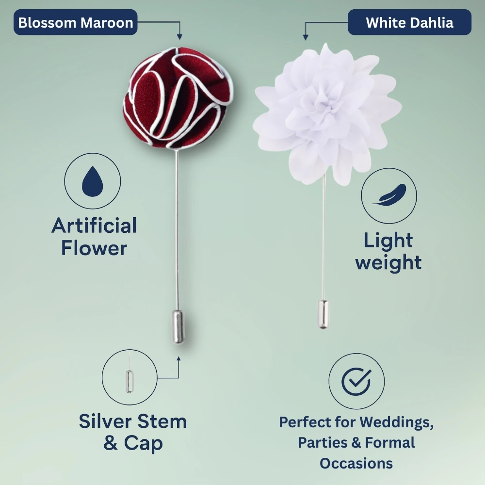Blossom Maroon and White Dahlia Flower Lapel Pin Combo for Men