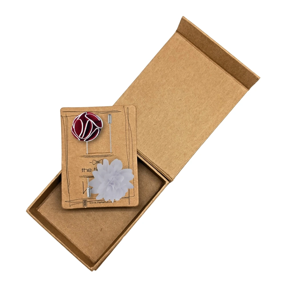 Blossom Maroon and White Dahlia Flower Lapel Pin Combo for Men