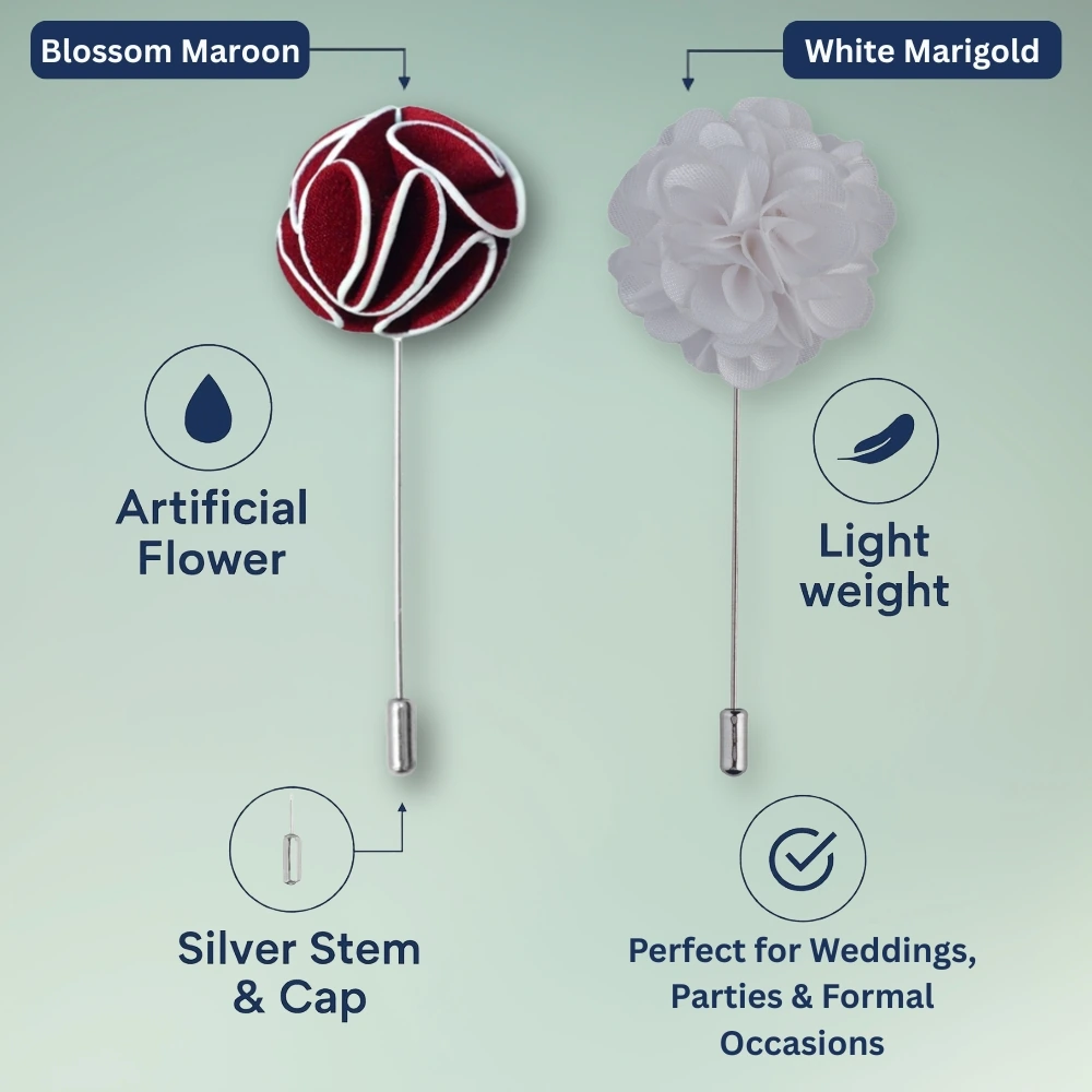 Blossom Maroon and White Marigold Flower Lapel Pin Combo for Men
