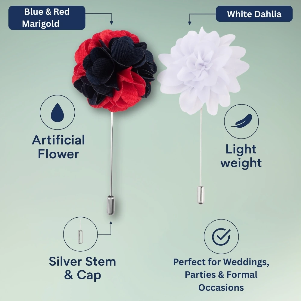 Blue and Red Marigold and White Dahlia Flower Lapel Pin Combo for Men