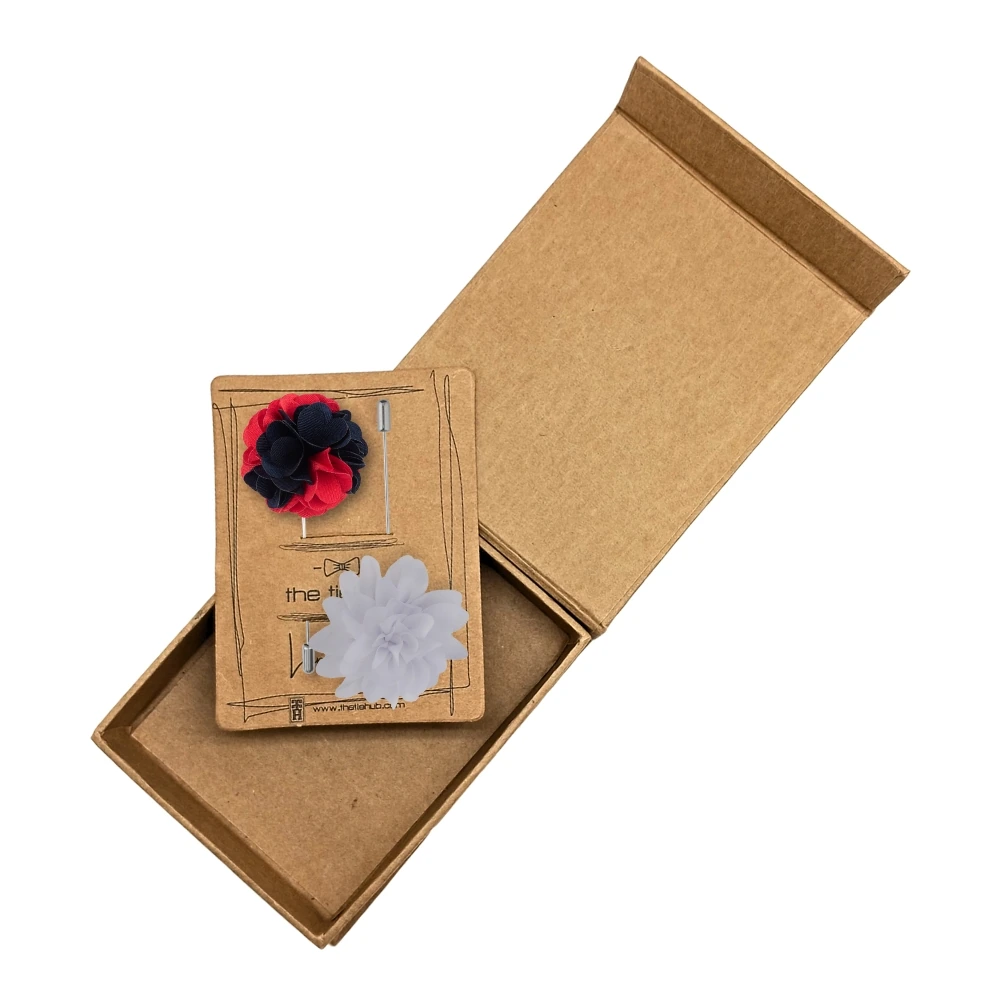 Blue and Red Marigold and White Dahlia Flower Lapel Pin Combo for Men