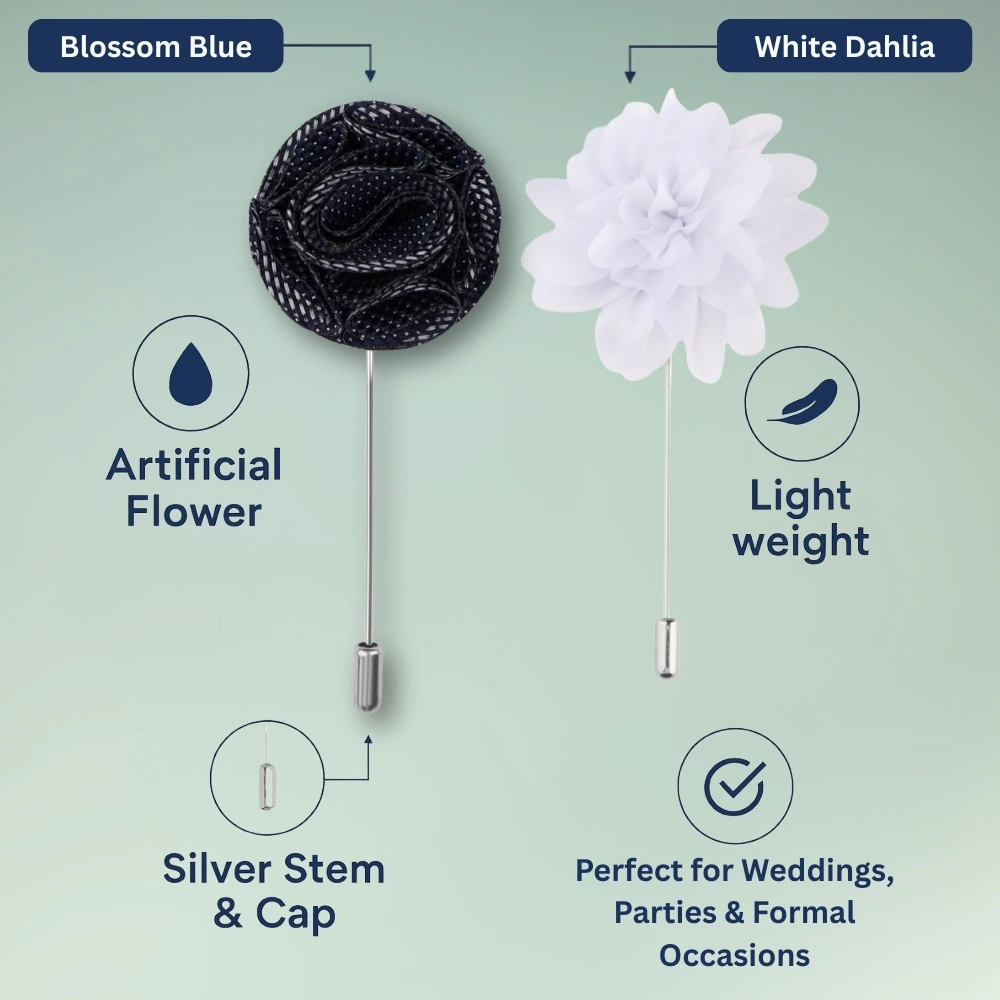 Blossom Blue and White Dahlia Flower Lapel Pin Combo for Men