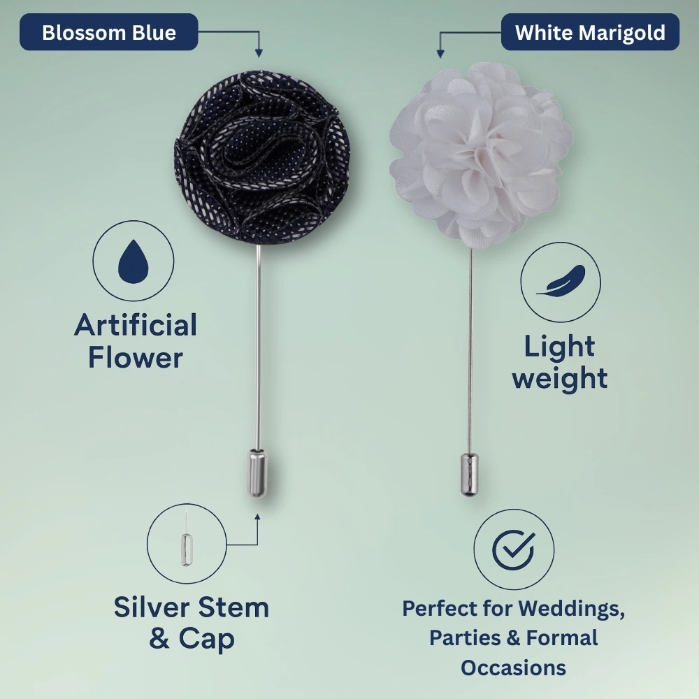 Blossom Blue and White Marigold Flower Lapel Pin Combo for Men