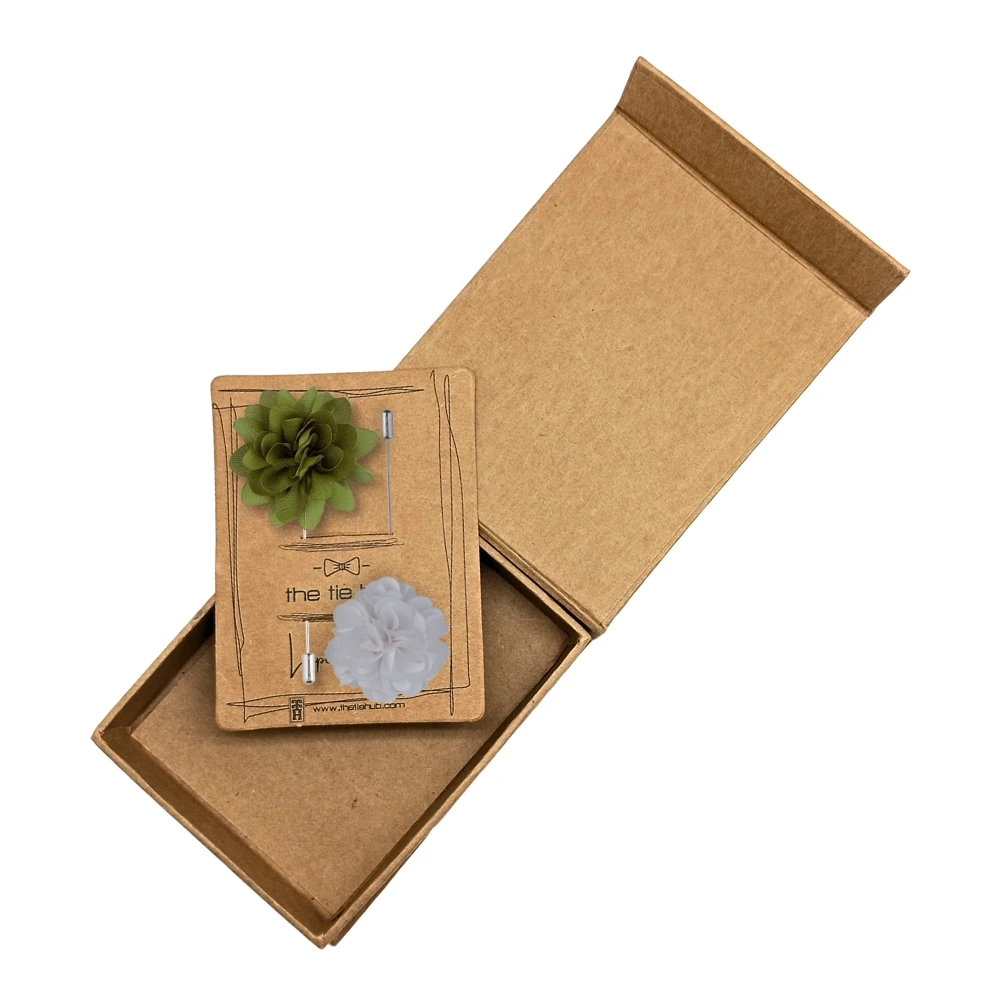 Olive Green and White Marigold Flower Lapel Pin Combo for Men