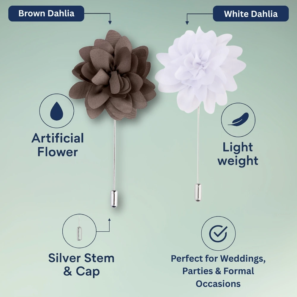 Brown and White Dahlia Flower Lapel Pin Combo for Men