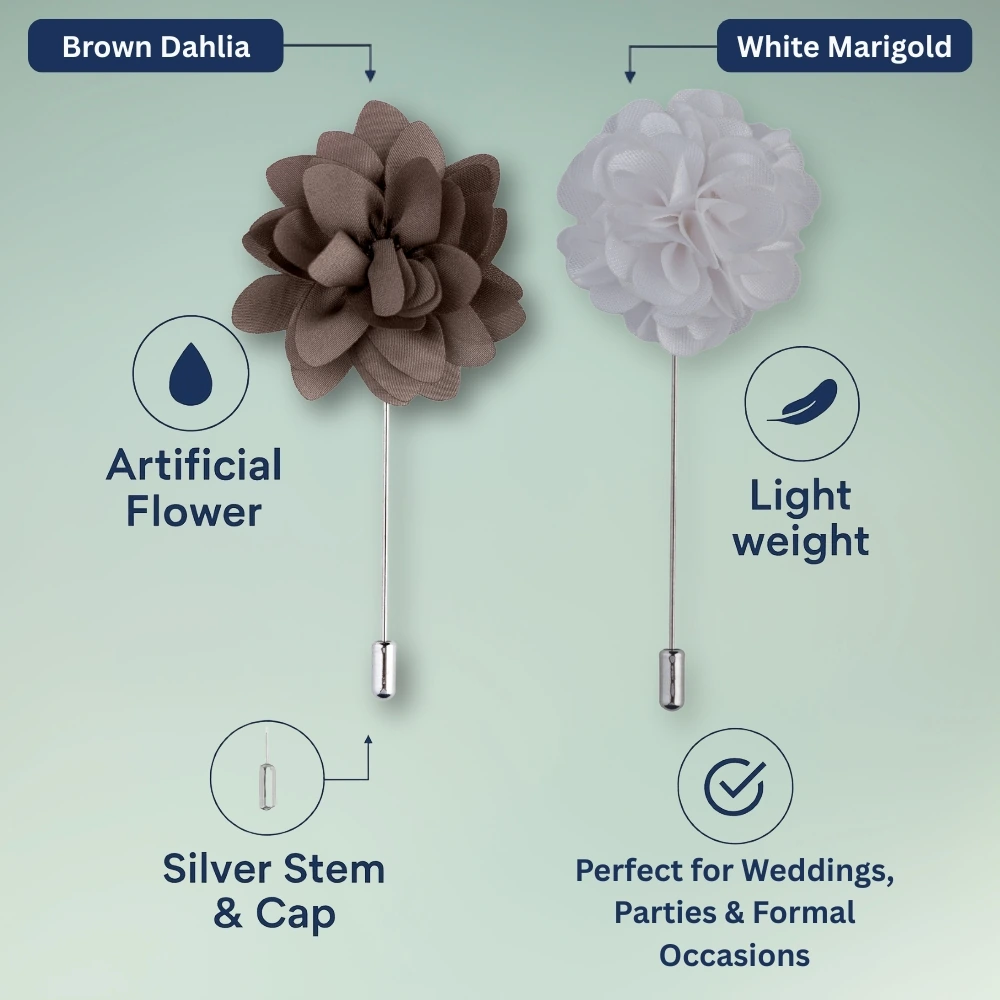 Brown and White Marigold Flower Lapel Pin Combo for Men