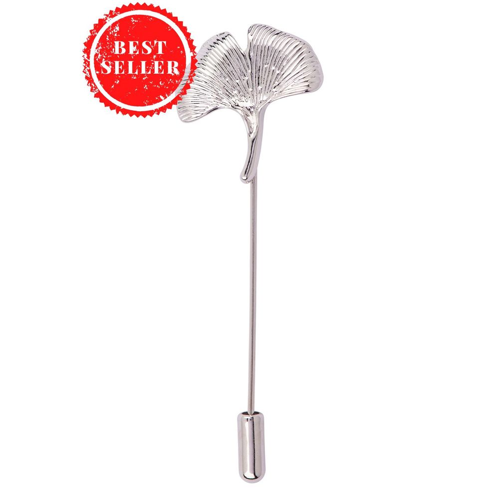 Filigree Ginkgo Leaf Silver Brass Lapel Pin for Men