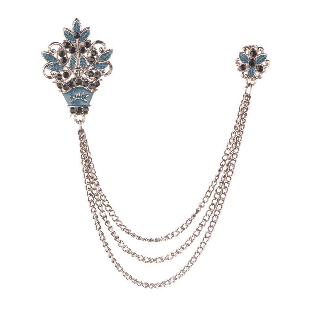 Blue Flower Bouquet Chain Brass Lapel Pin for Men