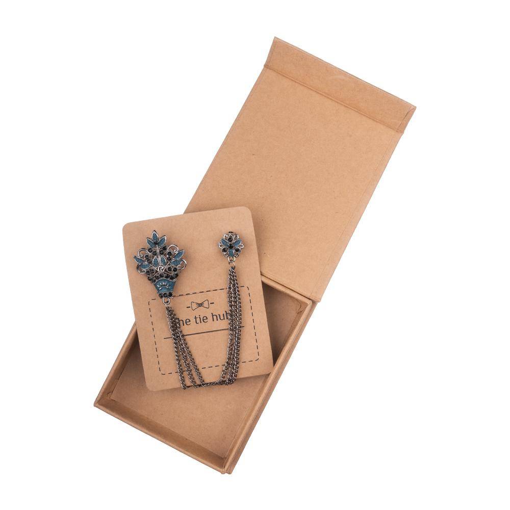 Blue Flower Bouquet Chain Brass Lapel Pin for Men