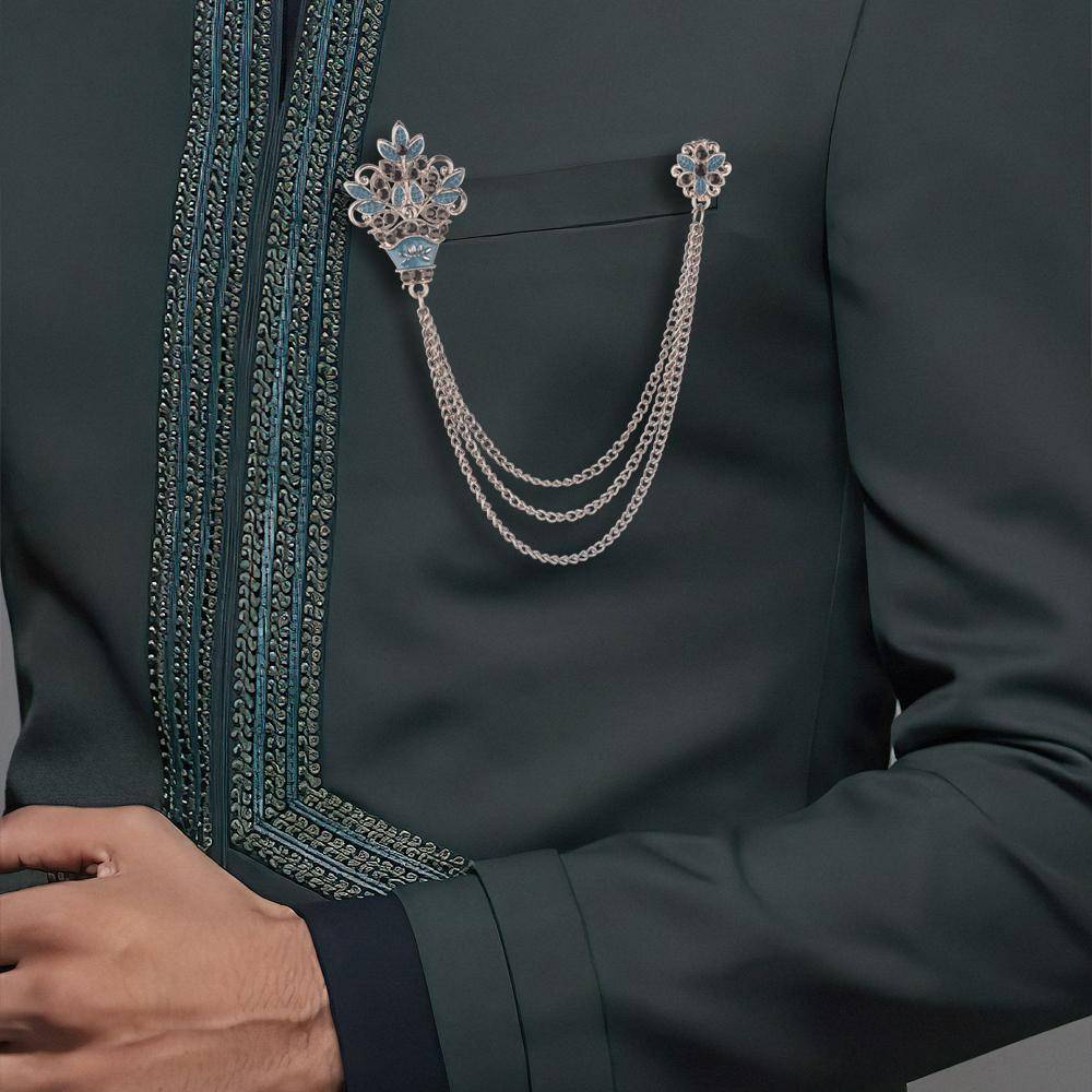 Blue Flower Bouquet Chain Brass Lapel Pin for Men