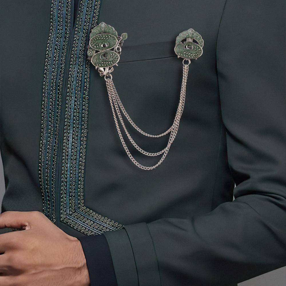 Green Sea Shells Chain Brass Lapel Pin for Men