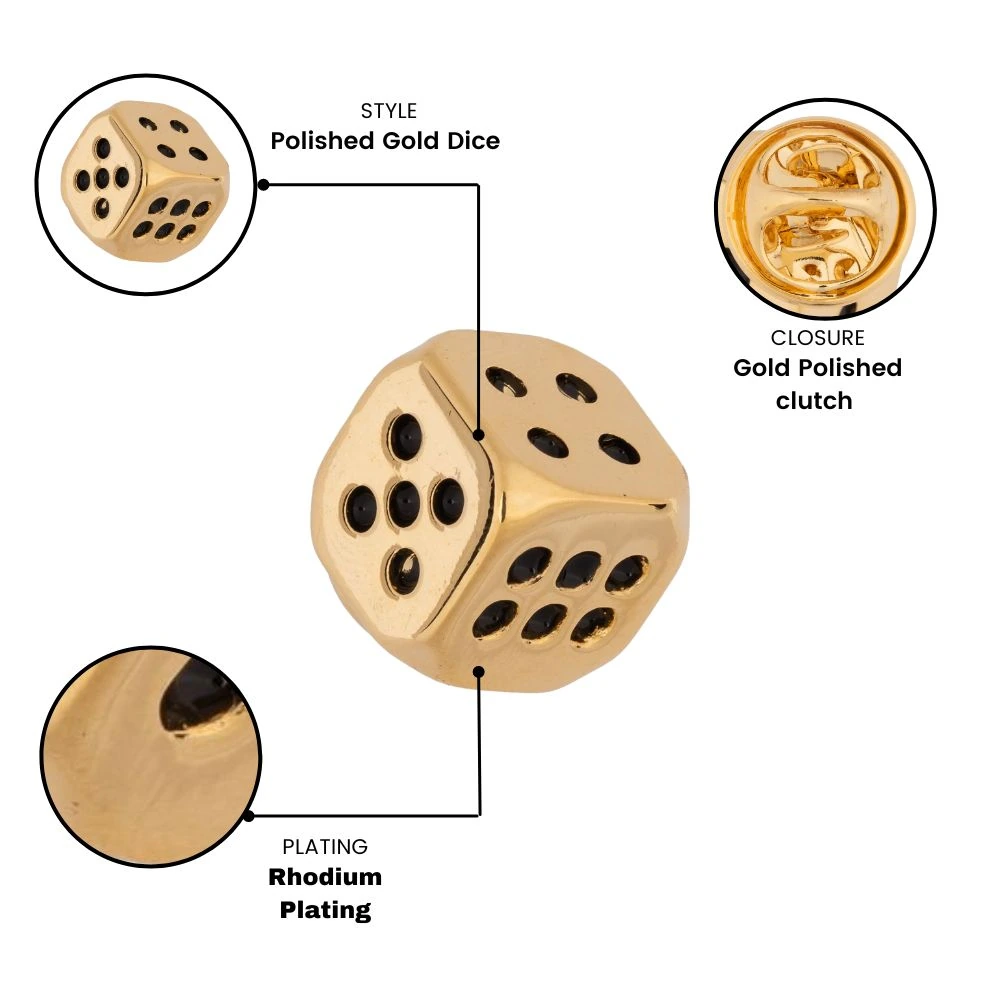 Golden Dice Metal Brass Lapel Pin for Men