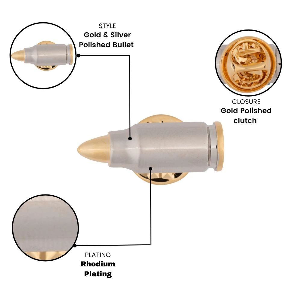 Gold and Silver Bullet Metal Brass Lapel Pin for Men