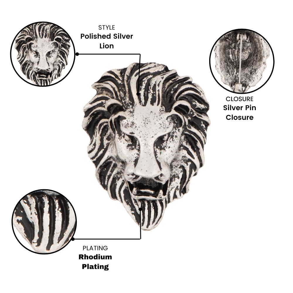 Oxidised Silver Lion Face Metal Brass Lapel Pin for Men