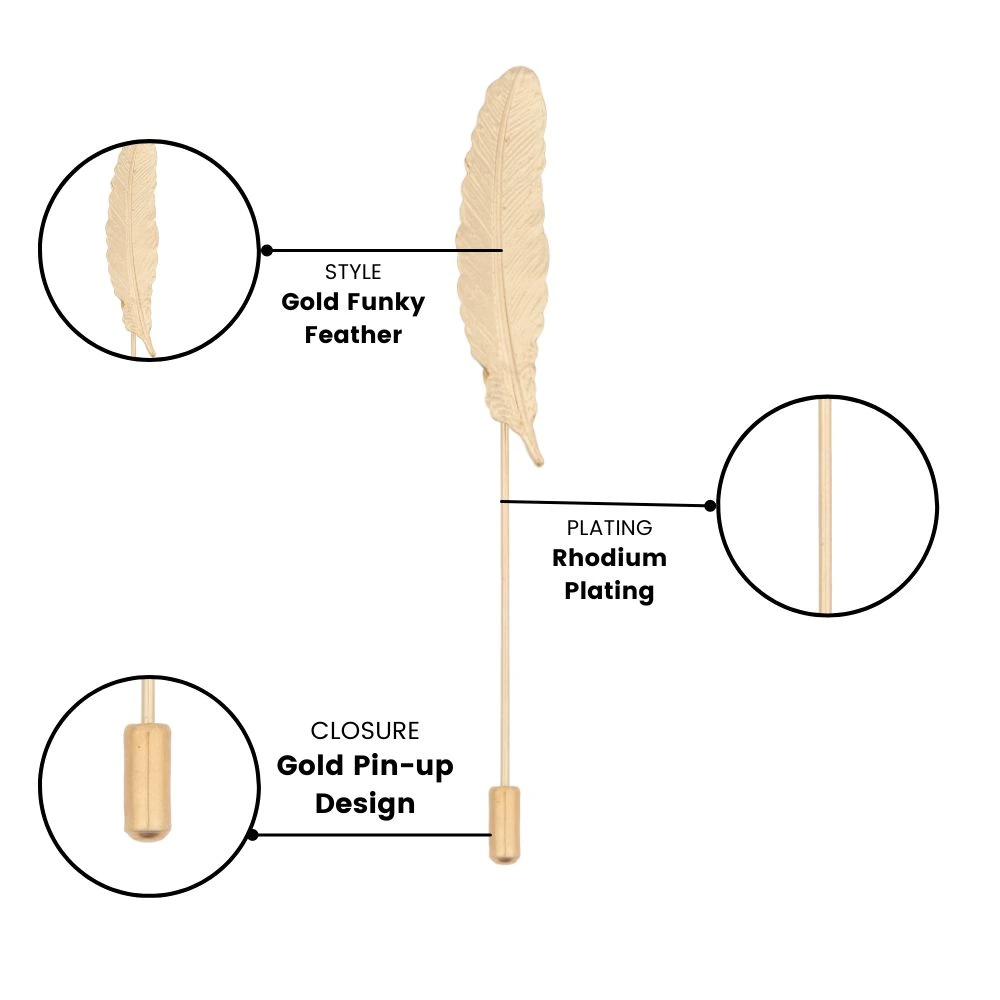 Gold Funky Feather Leaf Metal Brass Lapel Pin for Men