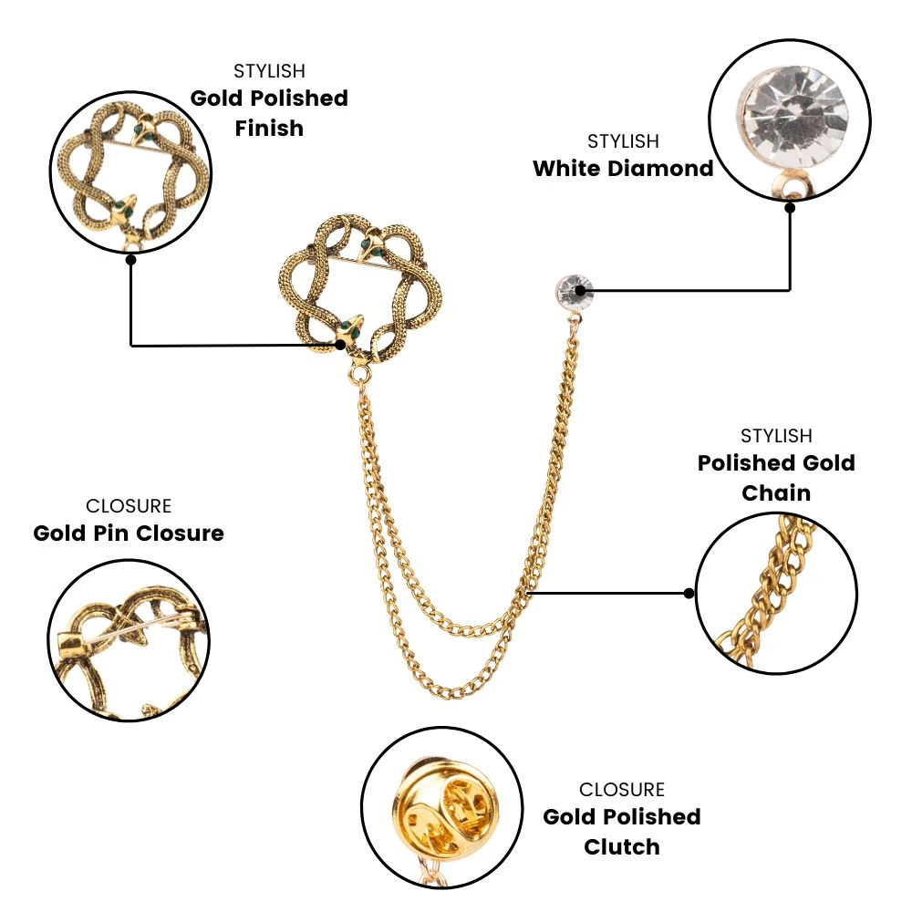 Gold Snake Round Chain Brass Lapel Pin for Men