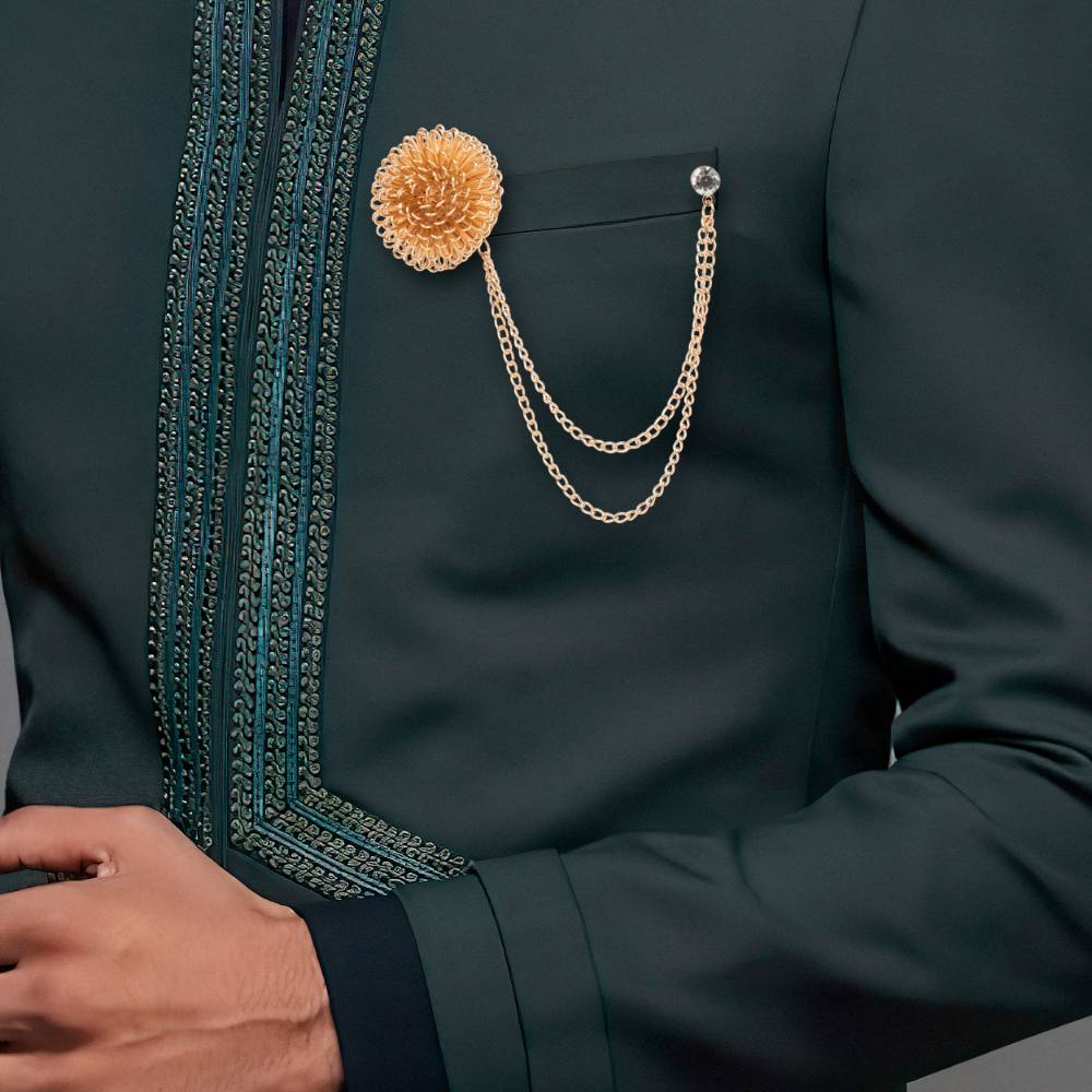 Gold Dahlia Flower with Chain Brass Lapel Pin for Men