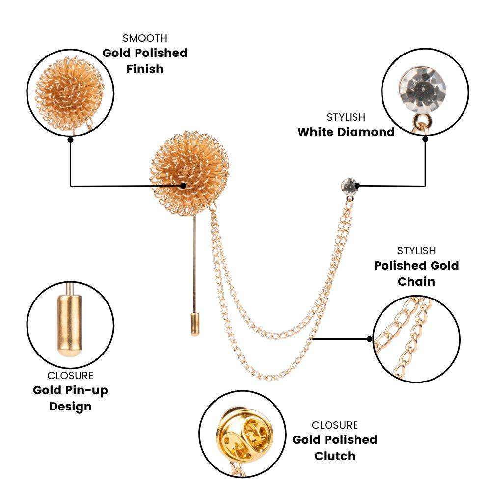 Gold Dahlia Flower with Chain Brass Lapel Pin for Men
