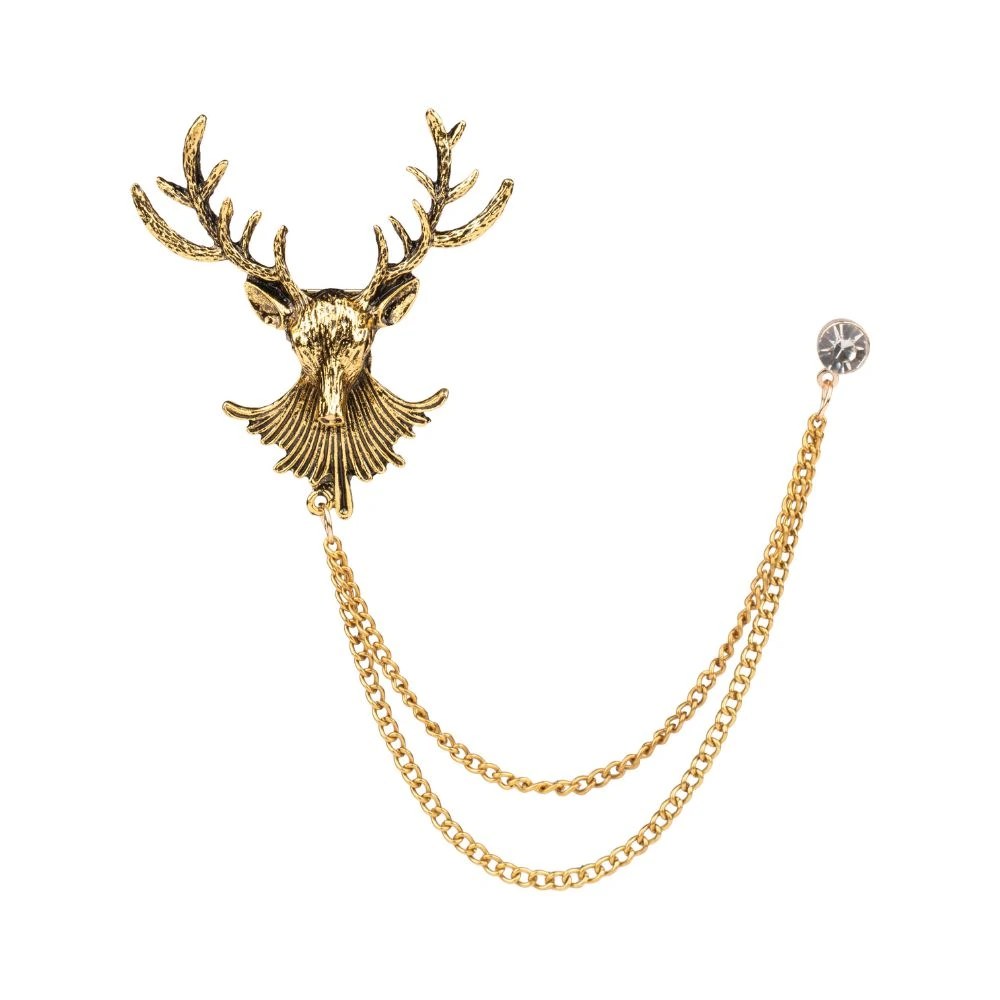 Gold Deer Head Chain Lapel Pin Brass Lapel Pin for Men