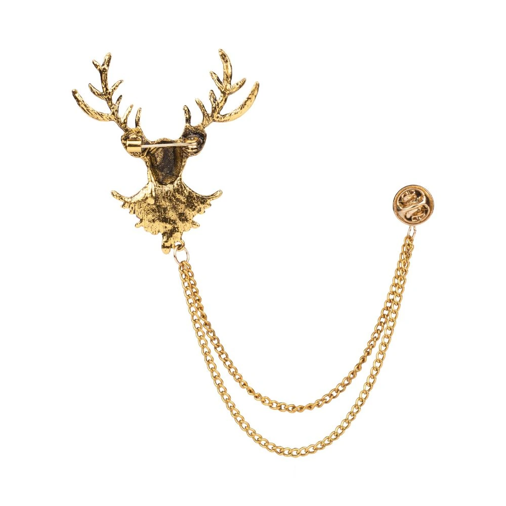 Gold Deer Head Chain Lapel Pin Brass Lapel Pin for Men