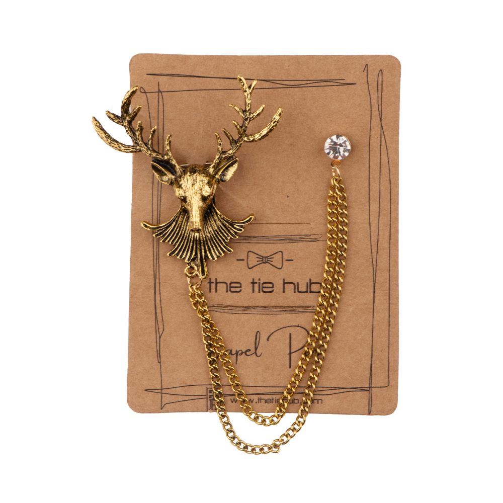 Gold Deer Head Chain Lapel Pin Brass Lapel Pin for Men