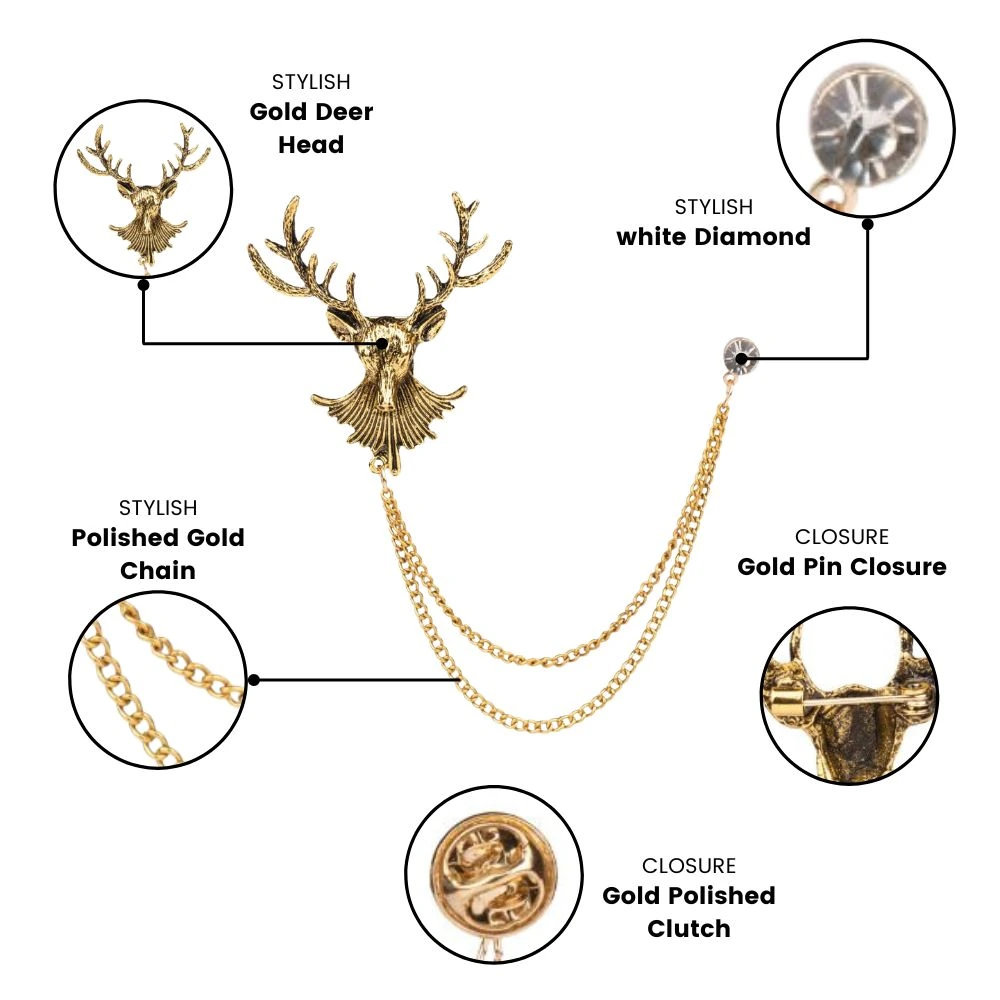 Gold Deer Head Chain Lapel Pin Brass Lapel Pin for Men