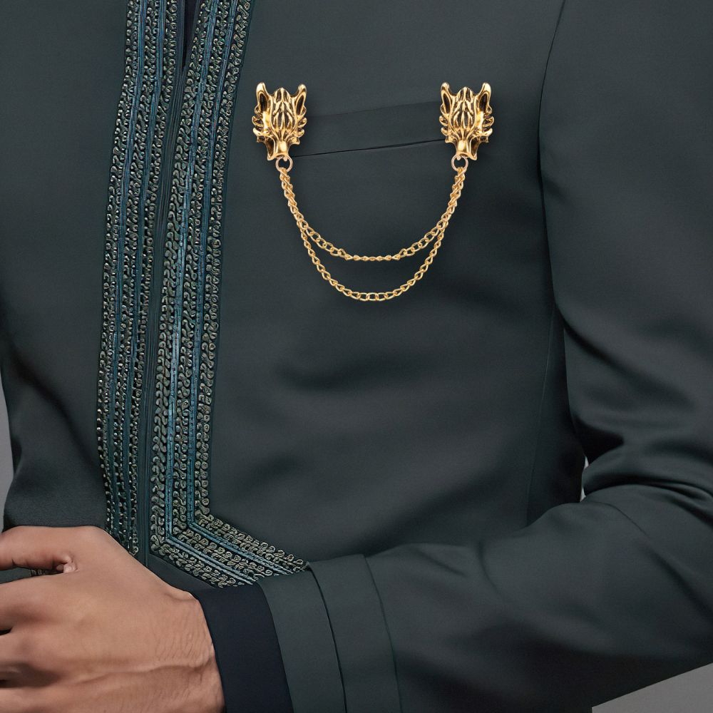 Gold Wolf Head Chain Brass Lapel Pin for Men