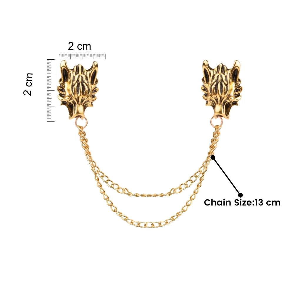 Gold Wolf Head Chain Brass Lapel Pin for Men