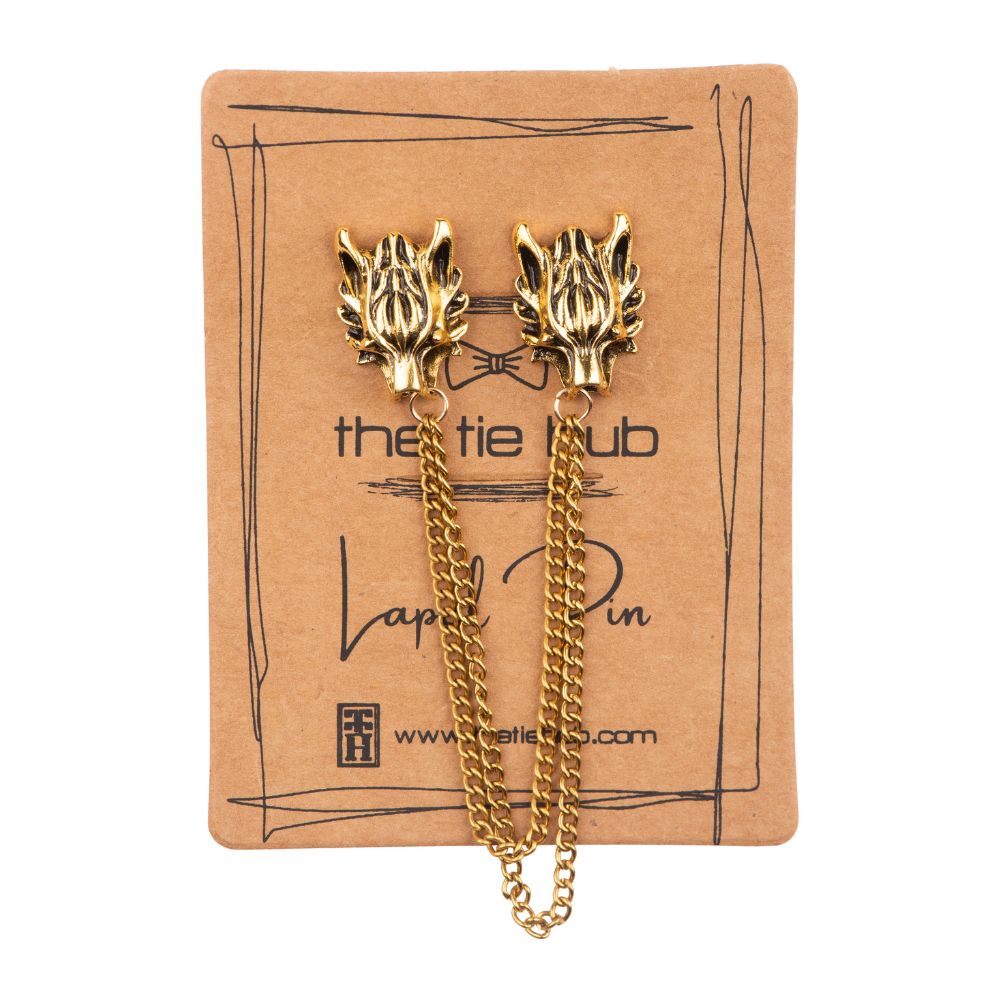 Gold Wolf Head Chain Brass Lapel Pin for Men