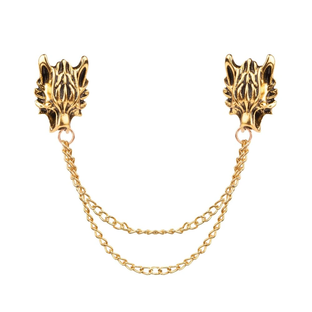Gold Wolf Head Chain Brass Lapel Pin for Men