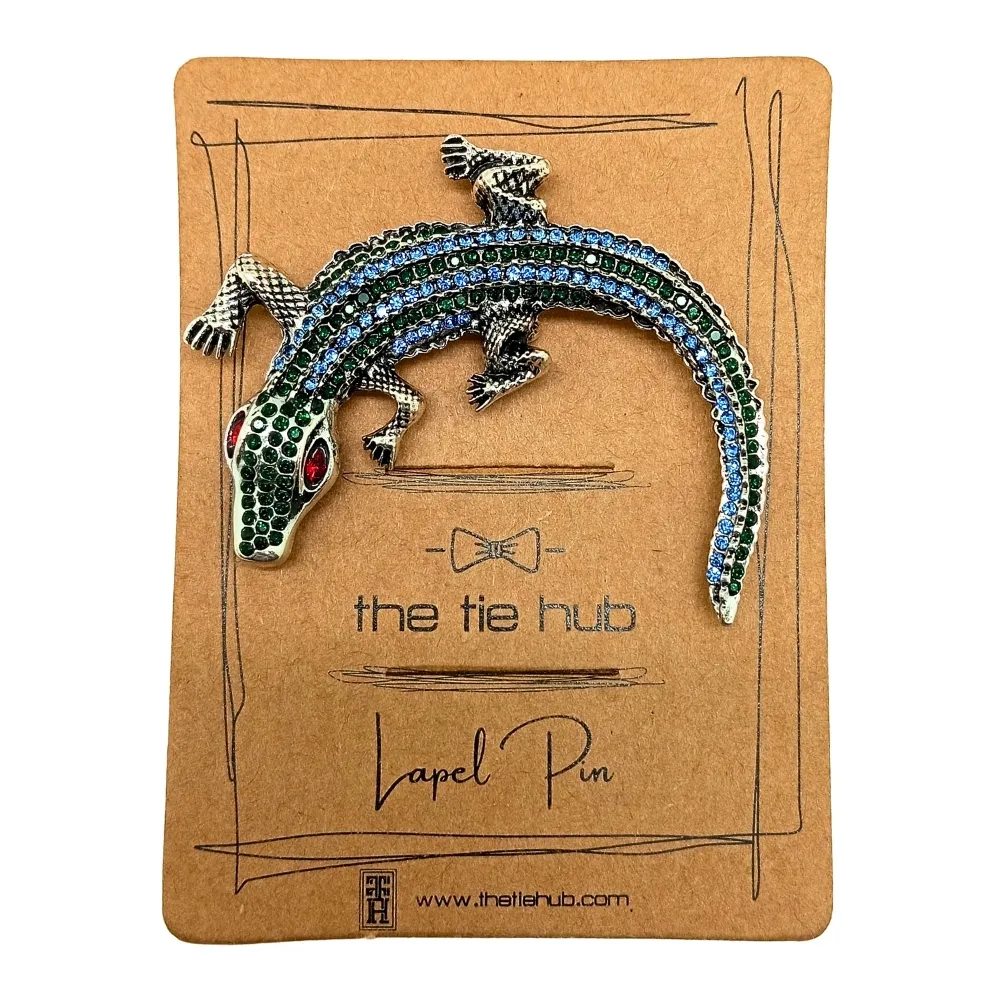 Sparkling Crystal Crocodile Brooch Unisex Animal Inspired Statement Pin Brass Lapel Pin for Men