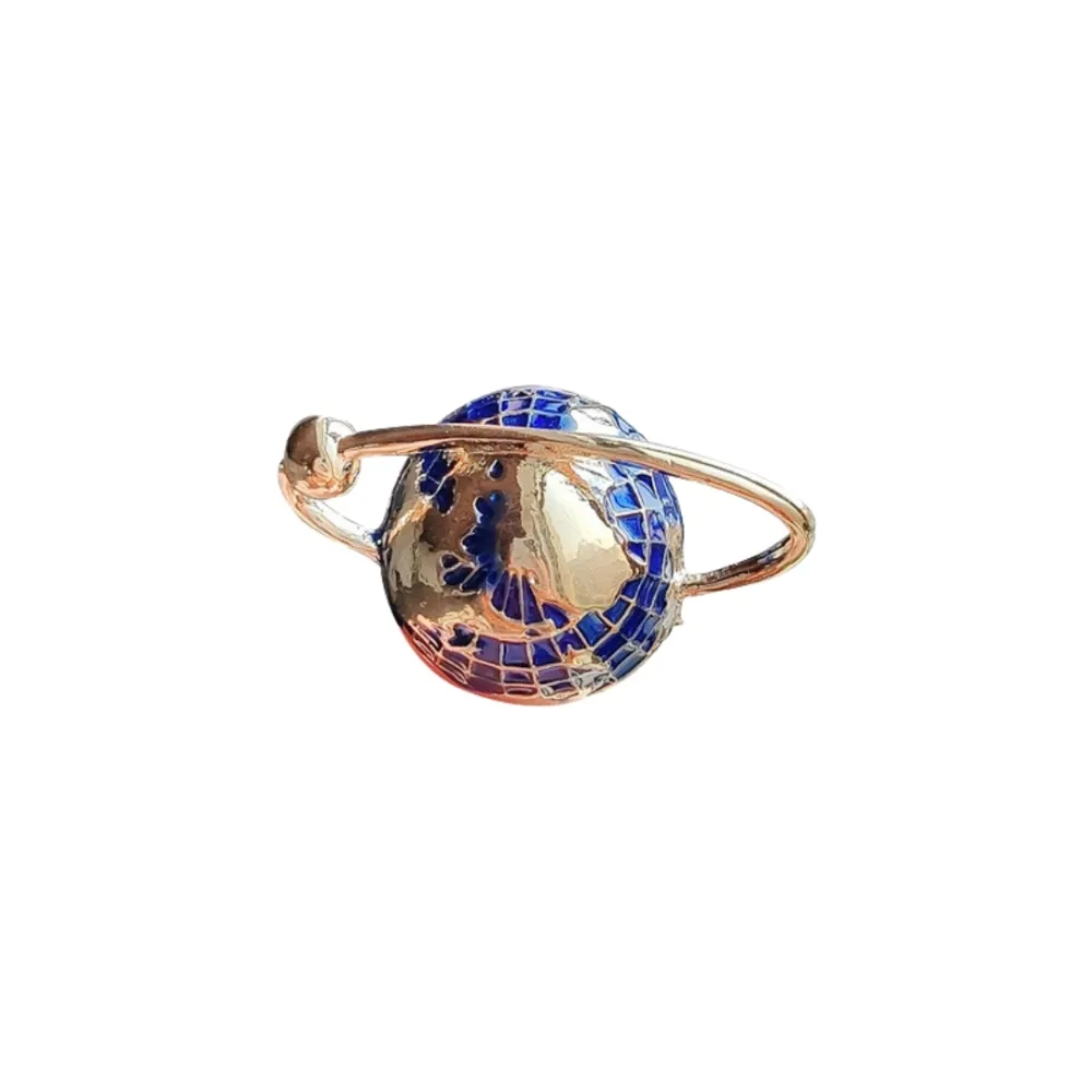 Cosmic Saturn Globe Brooch Elegant Blue and Gold Planet Pin Brass Lapel Pin for Men