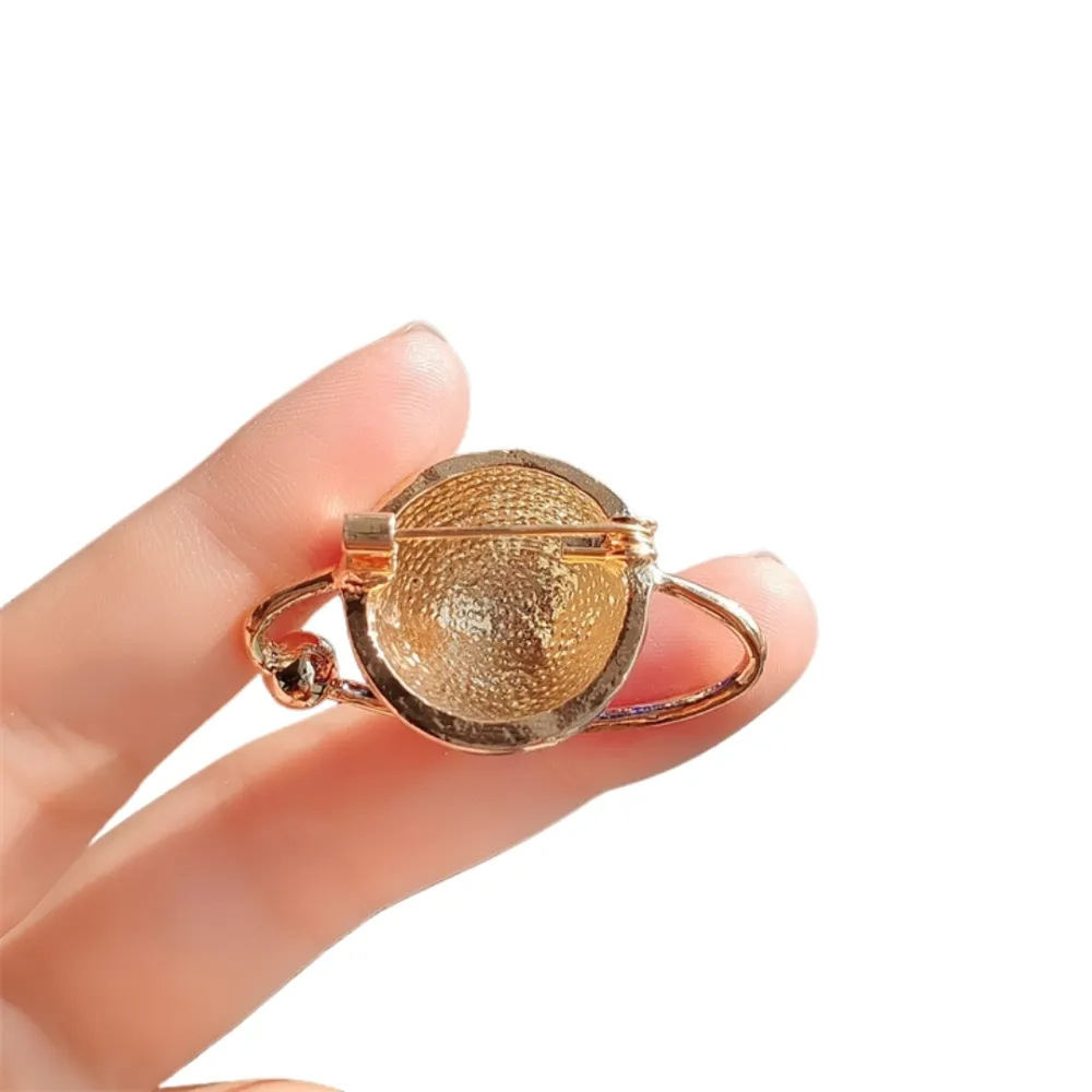 Cosmic Saturn Globe Brooch Elegant Blue and Gold Planet Pin Brass Lapel Pin for Men