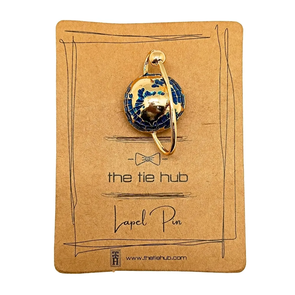 Cosmic Saturn Globe Brooch Elegant Blue and Gold Planet Pin Brass Lapel Pin for Men