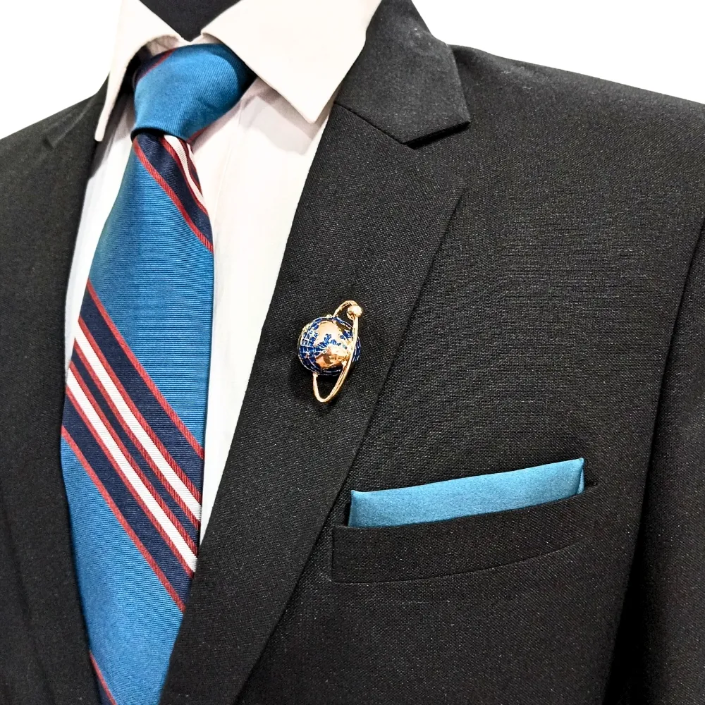 Cosmic Saturn Globe Brooch Elegant Blue and Gold Planet Pin Brass Lapel Pin for Men