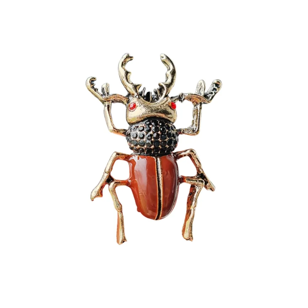 Vintage Stag Beetle Brooch Gold and Red Accent Insect Pin Brass Lapel Pin for Men