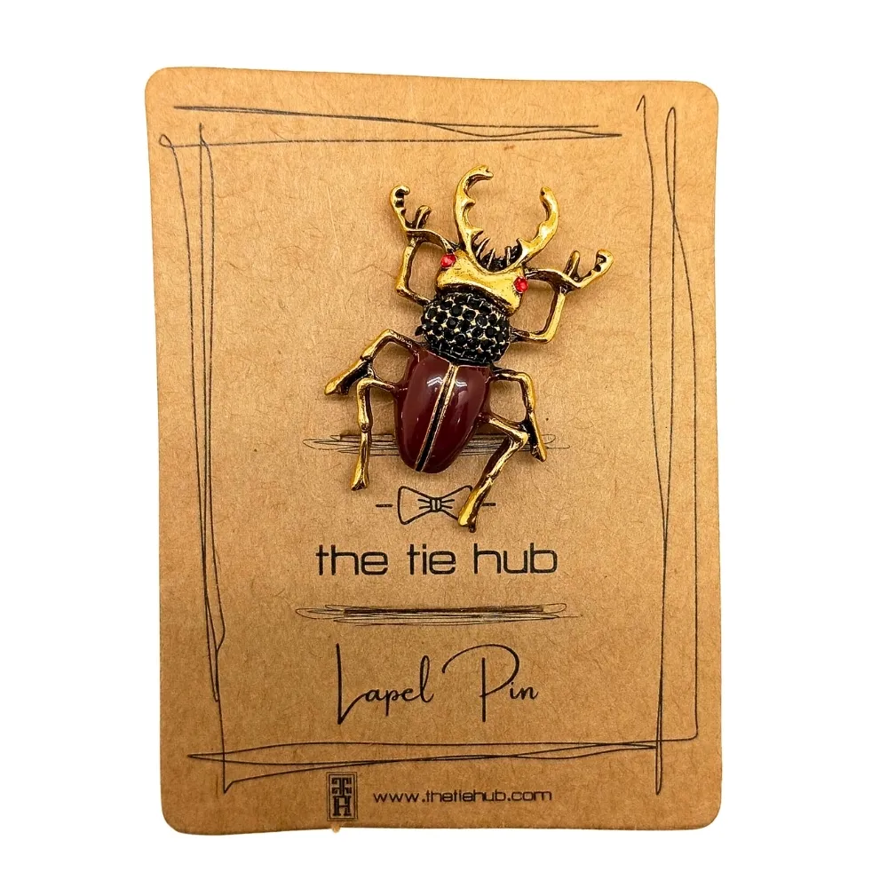 Vintage Stag Beetle Brooch Gold and Red Accent Insect Pin Brass Lapel Pin for Men